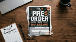 Stack of pre-order forms for games on a wooden counter in a game store